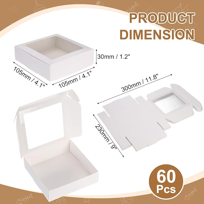 uxcell 60Pcs Kraft Soap Boxes, 4.1 x 4.1 x 1.2Inch Mini Kraft Treat Box with Clear Window for Candy Cookie Gift Party Festival Favor Treats Packaging (White)