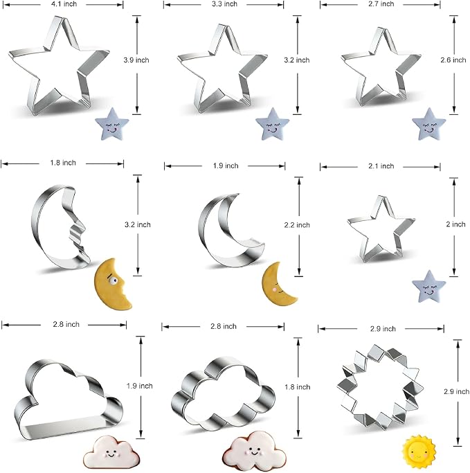 Star, Moon, Cloud and Sun Cookie Cutters 9 Piece Set - Twinkle Twinkle Little Star Celestial Night Sky Cookie Cutter Biscuit Mold for Kids Baby Shower Birthday Party Decoration - 4 Inch 3 Inch 2 Inch