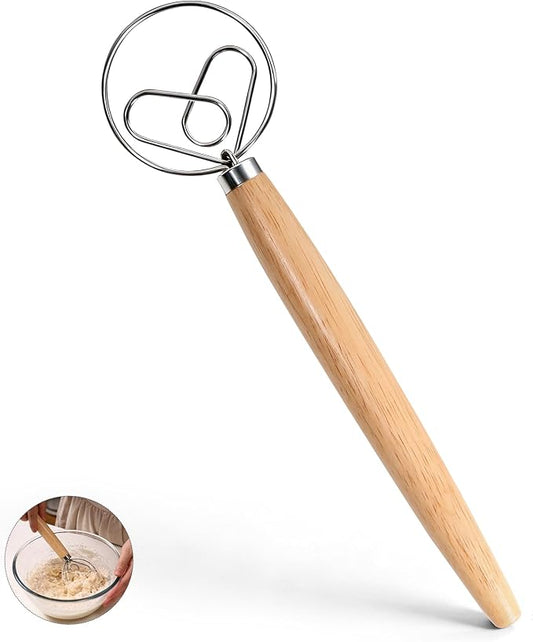 13 Inch Danish Dough Whisk, 304 Stainless Steel Dough Whisk with Long Smooth Wooden Handle - Dutch Whisk Sourdough Bread Tools for Pizza, Pastry & Cake Batter Mixing Easy & Quick