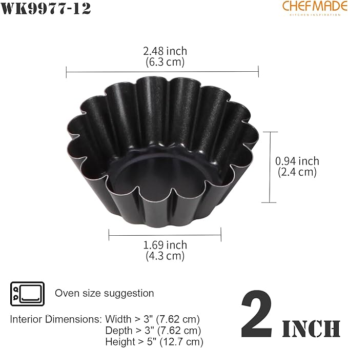 CHEFMADE Mini Egg Tart Pans, Non-Stick 2.5 Inch 12Pcs Tartlet Molds for Baking, Small Round Quiche Pans for Egg Tarts, Cupcakes, Pies (Black)