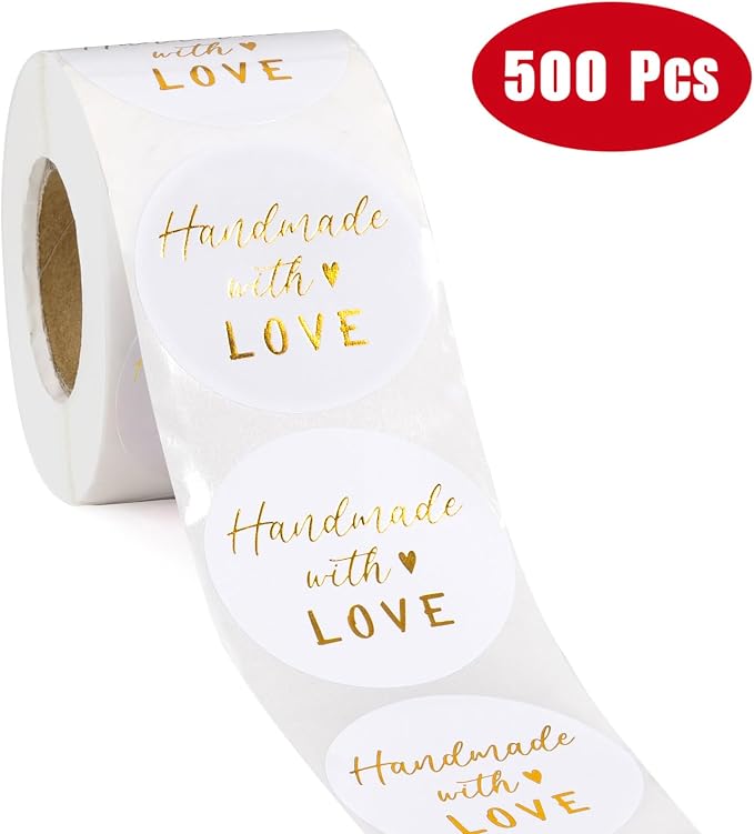 WRAPAHOLIC 2 Inch 500 Total Business Stickers Roll - Gold Foil Handmade with Love Design, Thank You Lables, Shipping Stickers for Party Decorations