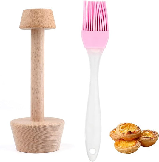 2Pcs Wooden Tart Tamper Set,Double Sided Pie Pastry Dough Tamper with Pastry Brush,Wooden Molds Egg Tarts Tamper Pastry Tools for Mini Muffin Tins,Tart Pans