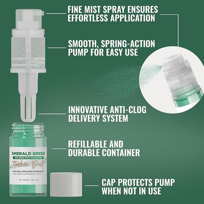 Bakell - Emerald Green Tinker Dust (4g, 1x Mini Spray Pump) Edible Glitter for Food, Desserts, and Baked goods!