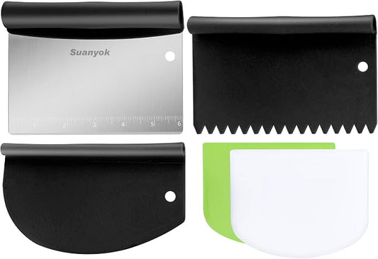 Suanyok Bench Dough Cutter-Flexible Plastic Bowl Scraper Kitchen Tool,Black | Bread/Pastry/Pizza/Flour/Cheese/Food/Vegetable Chopper,Stainless Steel,5-Piece Set,Dishwasher Safe