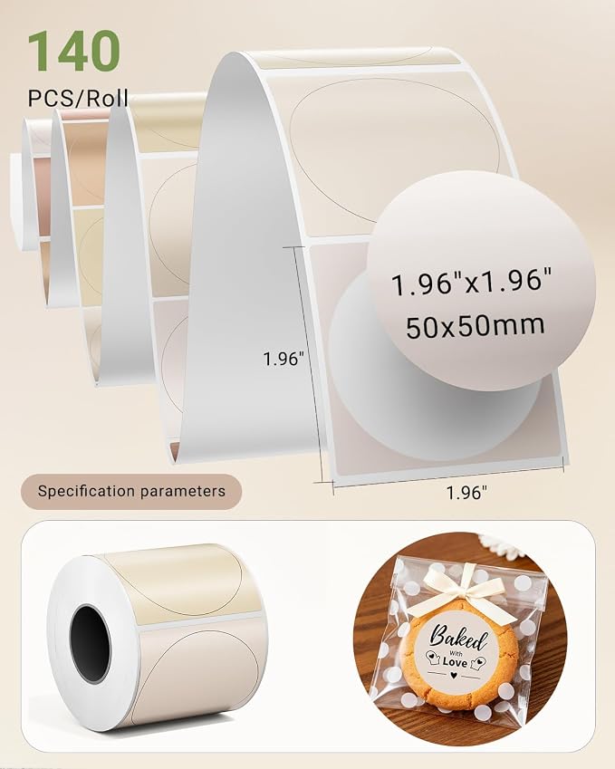 Phomemo M110 Labels, 2 Inch Round Thermal Stickers for M110/M100/M220/M108/M221 Label Printer, Color Circle Self-Adhesive Thermal Paper for Baking, Candle, Logo, Canning, Small Business, 140pcs/Roll