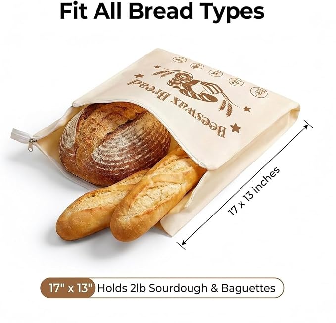 Beeswax Bread Bags for Sourdough 2 Pack Reusable Linen Food Storage Bags 17 x 12.6 Inch