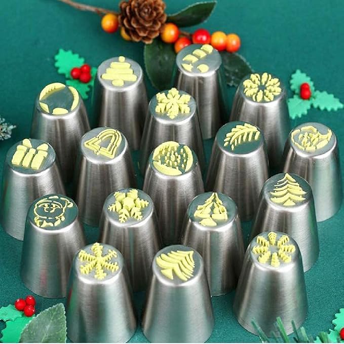 Christmas Russian Piping Tips, Hsxxf 15PCS Christmas Flower Frosting Tips Nozzles Stainless Steel Piping Tips Set Snowman Snowflake Christmas Tree Santa Claus Pattern for Christmas Decorating