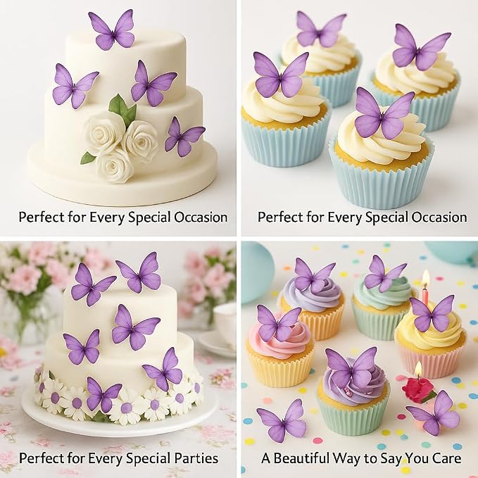 Confect Edible Wafer Paper Butterflies Set of 56 – Colorful Purple Butterfly Cake Decorations, Cupcake Toppers for Birthday, Wedding, Party – Edible Butterfly Toppers