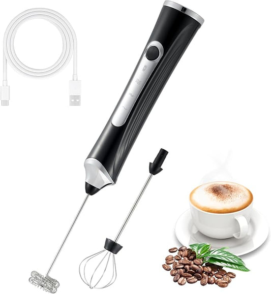 Handheld Electric Milk Frother with 2 Heads, Coffee Whisk Foam Mixer with USB Rechargeable 3 Speeds, Foam Maker Blender for Latte, Cappuccino, Hot Chocolate, Egg