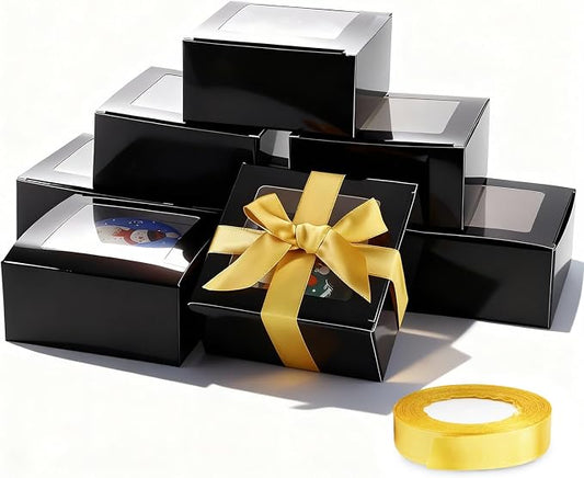 Frantis 24 Pack Black Gift Boxes with Window, 4x4x2 Inch Soap Boxes for Packaging, Small Favor Treat Boxes for Cookies, Candy, Handmade Soap, Wedding Party Favors with Gold Ribbon