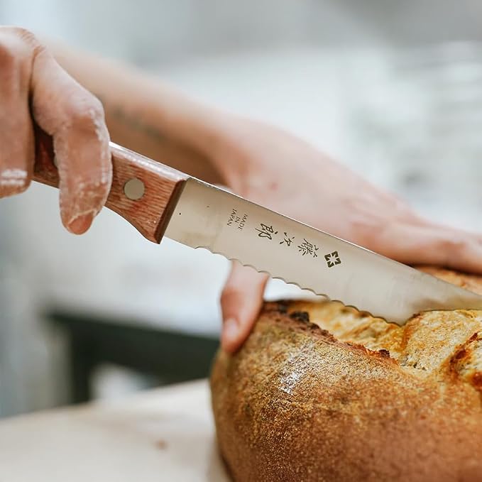 Tojiro Japan Hand Made Bread Knife Slicer Cutter, 14.75", Stainless and Wood - Reinforced Laminated Material