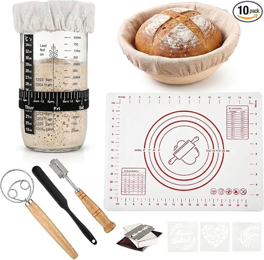 Sourdough Starter Kit | 34Oz Sourdough Bread Baking Supplies - Banneton Bread Proofing Basket, Sourdough kit Included 1x Bread Proofing Basket, Thermometer - Easy to Clean Banneton Basket