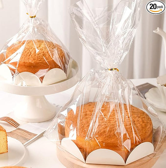 Clear Food Storage Bags for Toast Bread Cookies Candy Chocolate Cake Bakery Gift Packaging Cake Tray and Ribbon, 20 Pack