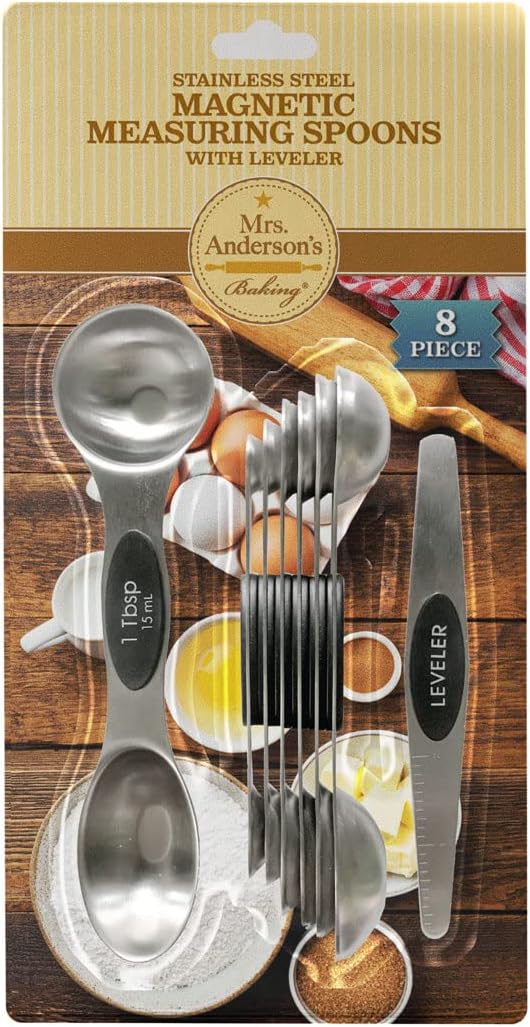 Mrs. Anderson’s Baking Dual-Sided Magnetic Measuring Spoons and Leveler, Heavyweight Stainless Steel, 8-Piece Set