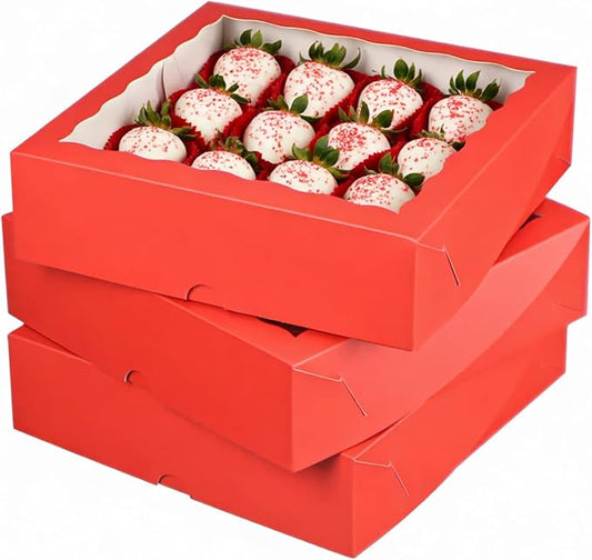 TEMLQPACK 50 Pack 9"x9"x2.5" Pie Boxes Red Bakery Boxes with Window, Pie, Cookies, Chocolate Covered Strawberries, Breakable Heart, Charcuterie Boxes for Christmas