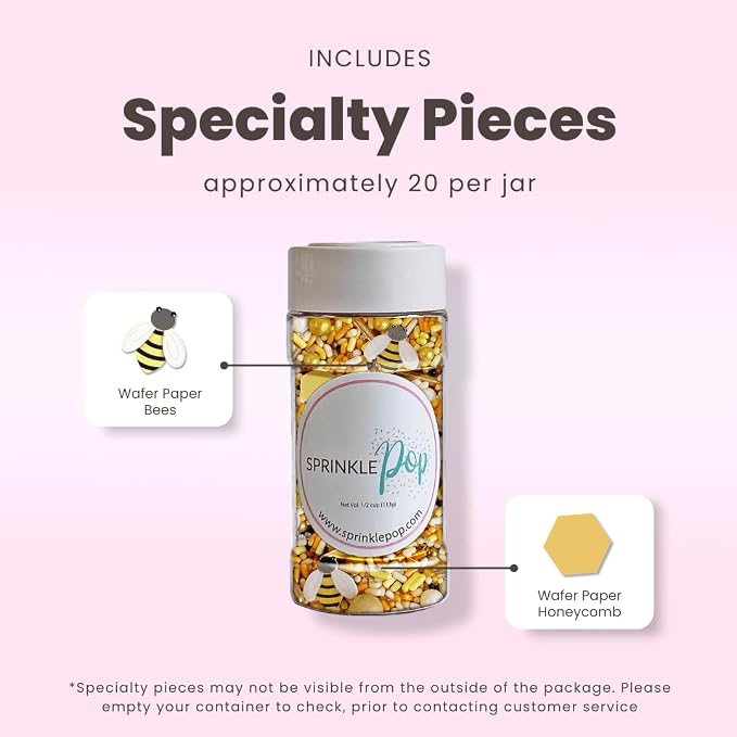 Sprinkle Pop Honey Bee Sprinkle Mix| Yellow Gold Sprinkles with ~10 Bees Honeycomb Wafer Papers, Black Pops and Cream Hues| Summer Sprinkles Made in USA for Decorating Cakes Cupcakes Cookies, 2oz