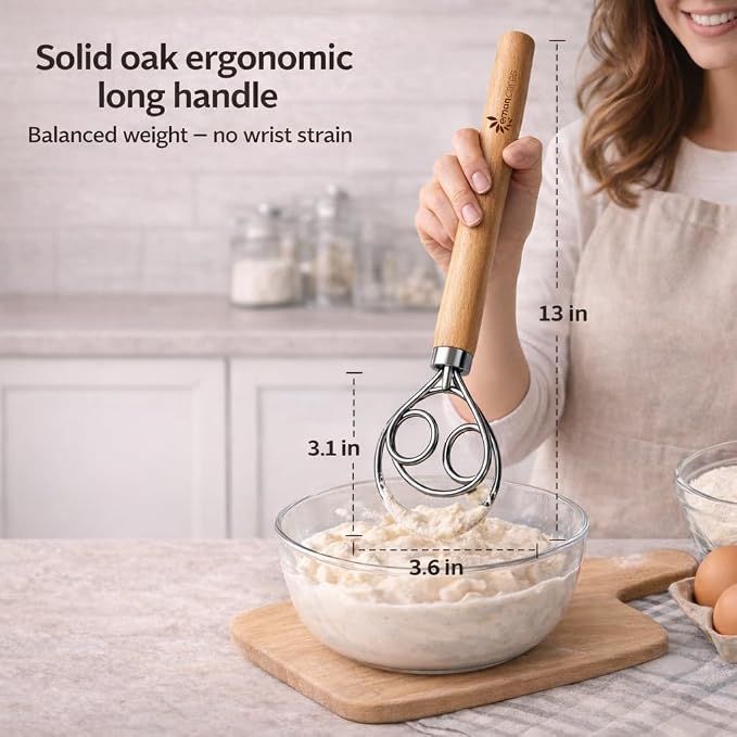 Danish Dough Whisk for Sourdough Bread – 13 Inch 2 Loop Stainless Steel Dutch Bread Whisk – Heavy Duty Dough Mixer for Bread Pizza Pastry Cookies – Ergonomic Oak Handle BPA Free