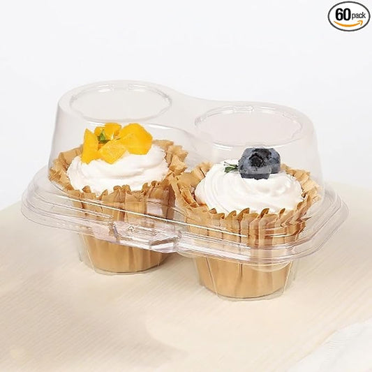 2-Cavity Clear Cupcake Containers Plastic Muffin Container(60pc) | 2-Compartment Clear Plastic Cupcake Cartons, 2-Count Cupcake storage Containers,CupCake Boxes for Baking, Parties & Picnic.