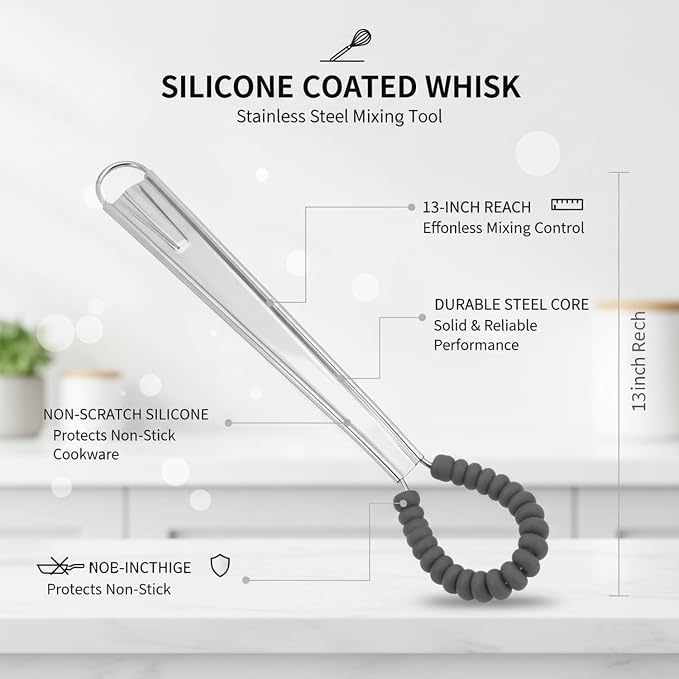 Silicone Coated Whisk, 13 Inch Stainless Steel Mixing Tool for Non-Stick Cookware, Eggs and Sauces (1 PC)
