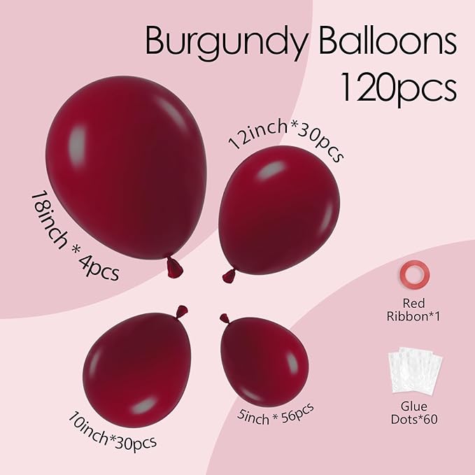 120pcs Burgundy Balloons, 18 12 10 5 inch Maroon Balloons Different Sizes Burgundy Balloon Arch Kit for Birthday Graduation Wedding Baby Shower Valentine's Day Party Decorations
