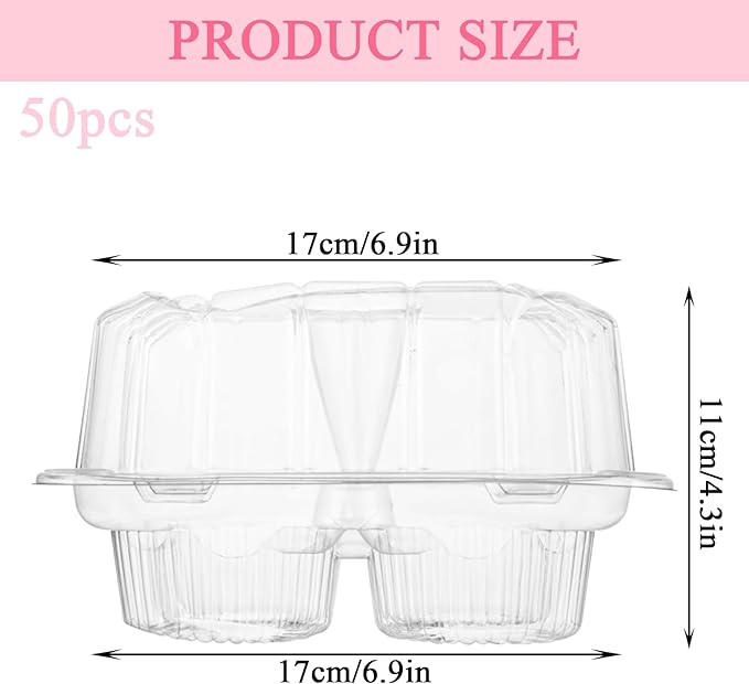 50 Pcs Cupcake Boxes 4 Count, Clear Plastic Cupcake Container Stackable, Deep Cupcake Carrier Holder Box for Carrying Cupcakes