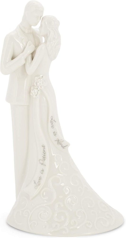 Roman 8.5" Wedding Cake Topper – Elegant Bride and Groom Figurine with “Love Is Patient” Inscription, Porcelain Finish, Wedding or Anniversary Keepsake