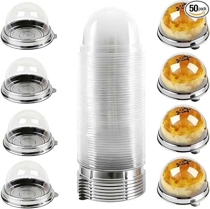 YUDONG 2 Inch 50 Pack Clear Plastic Mini Cupcake Containers Individual Packaging Mini Cupcake Holder, Disposable Treat Boxes with Dome Lids for Muffin Mooncake Cake Macaron (silvery)