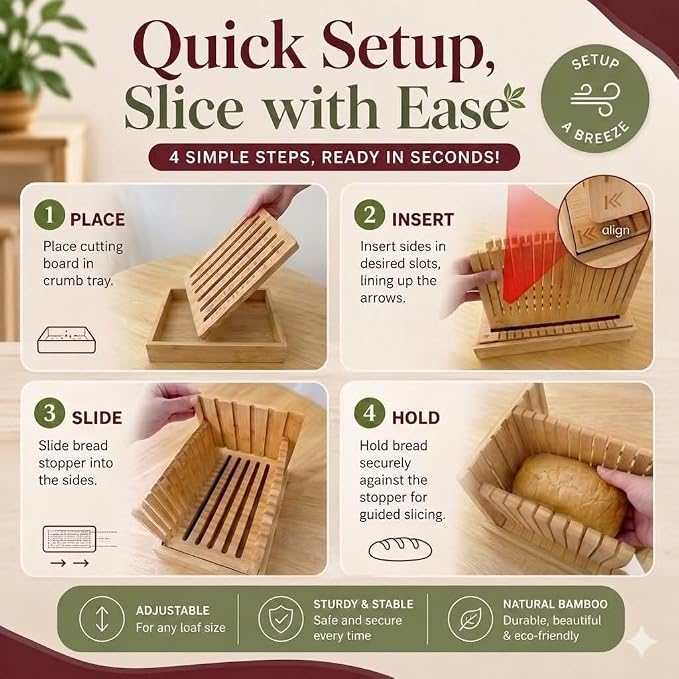 Bread Slicer For Homemade Bread - Fir and Favour Upgraded Adjustable Bamboo Bread Cutter Board - Compact Slicing Guide With Crumb/Serving Tray- Bread Loaf Slicer for Sourdough Gift