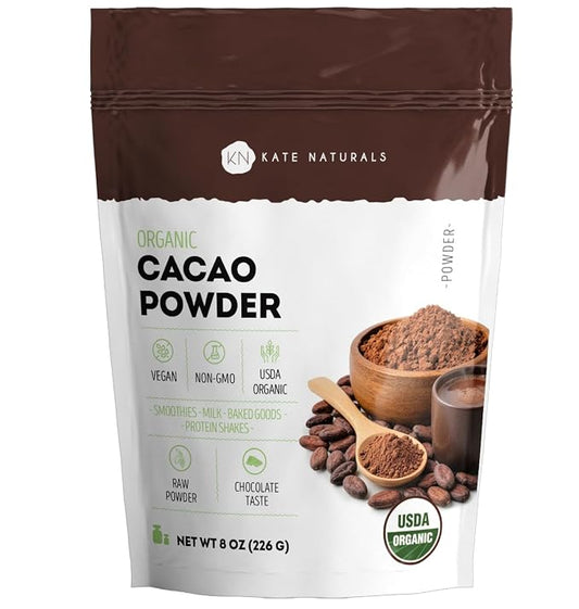 Kate Naturals Organic Cacao Powder, 8 oz – Unsweetened Raw Cocoa Powder, Non-GMO, Vegan, Gluten Free, Rich Chocolate Flavor for Baking & Smoothies