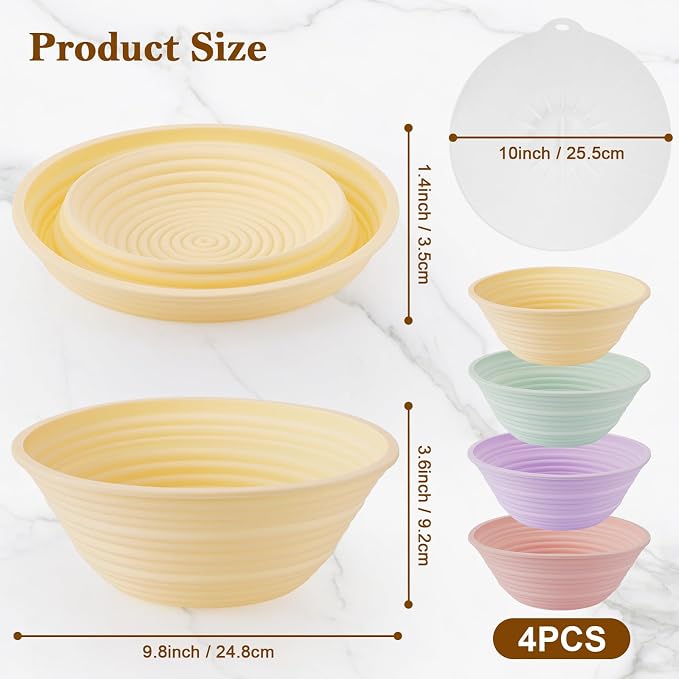 4 Pack Silicone Banneton Bread Proofing Baskets, 9" Collapsible Non-Stick Sourdough Proofing Bowls for Bread Baking, Round Dough Rising Baskets