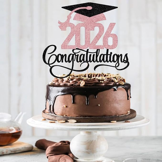 Black rose gold Glitter 2026 Congratulations Graduation Cake Topper,Congrats Grad Cake Decor - 2026 High School/College/Senior Graduation Party Decorations Supplies
