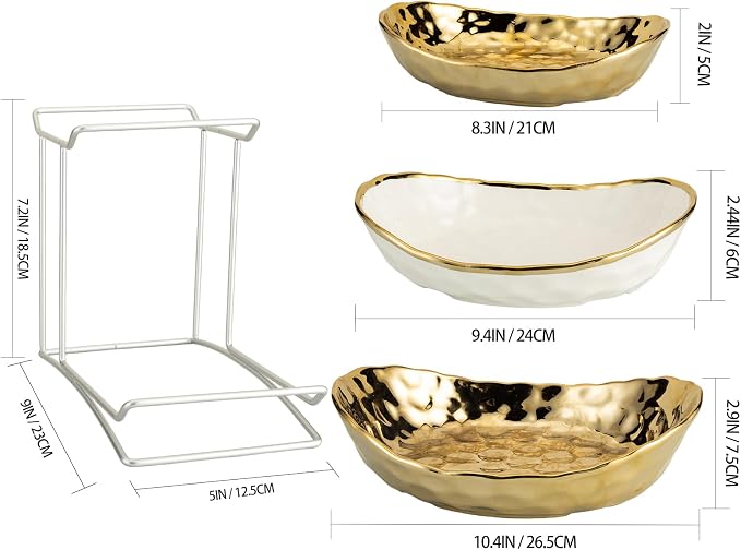 jessie 3 Tier Ceramic Fruit Basket for Kitchen Counter with Metal Stand, Fruit Bowls with Rack, Porcelain Bowls for Vegetable Bread Candy Snack Nuts Dessert Cake Tray (Gold Triple Layer)