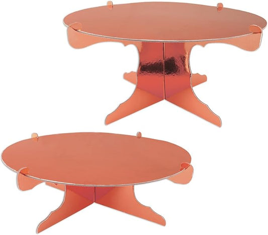 Beistle 2 Piece Durable Boardstock Shiny Metallic Rose Gold Round Cake Stands for Bridal Showers, Wedding Receptions, Birthday Party Supplies, Dessert Holders