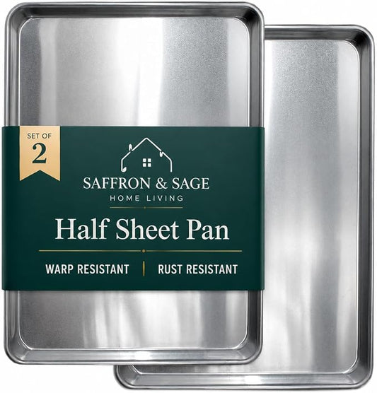 Commercial Quality Cookie Sheet Pan - 2 Pack Aluminum Half Sheet Baking Pan by Saffron & Sage Home Living - This 18x13 Baking Sheet Set is Rust & Warp Resistant, Heavy Duty, of Thick Gauge