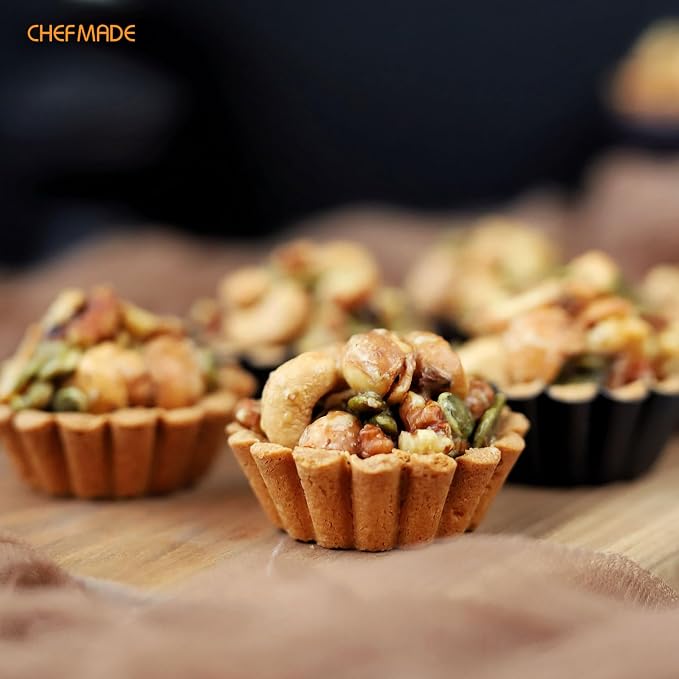 CHEFMADE Mini Egg Tart Pans, Non-Stick 2.5 Inch 12Pcs Tartlet Molds for Baking, Small Round Quiche Pans for Egg Tarts, Cupcakes, Pies (Black)