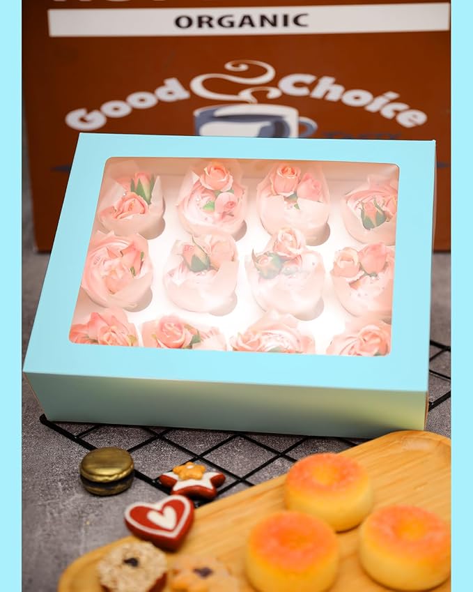 Bakepacker 12 Cupcake Containers 10-Packs Light Blue Cupcake Box Cupcakes Carrier, 12 Cupcake Boxes with Window 13"x10"x3.5"（Auto-pop up）