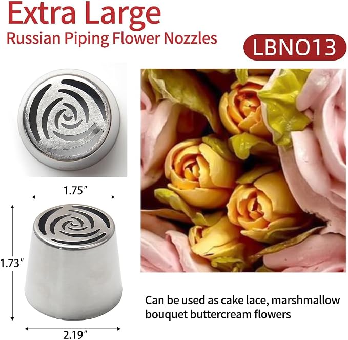 14 PCS Russian Piping Tips Set,Stainless Steel Icing Nozzles for Cake Decorating, Cream Flower Bouquet DIY Cookies, Desserts Baking Tools 1 XXL, 1 XL, 1 Medium Leaf, 10 Piping Bags, 1 Brush
