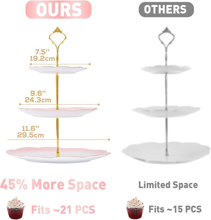 DUJUST Luxury Larger 3-Tier Cupcake Stand Tower, British Style Porcelain Serving Tray with Golden Trim, Food Grade Dessert Display Stand for Tea Party & Home Décor - 45% Gradient Pink Larger Plates