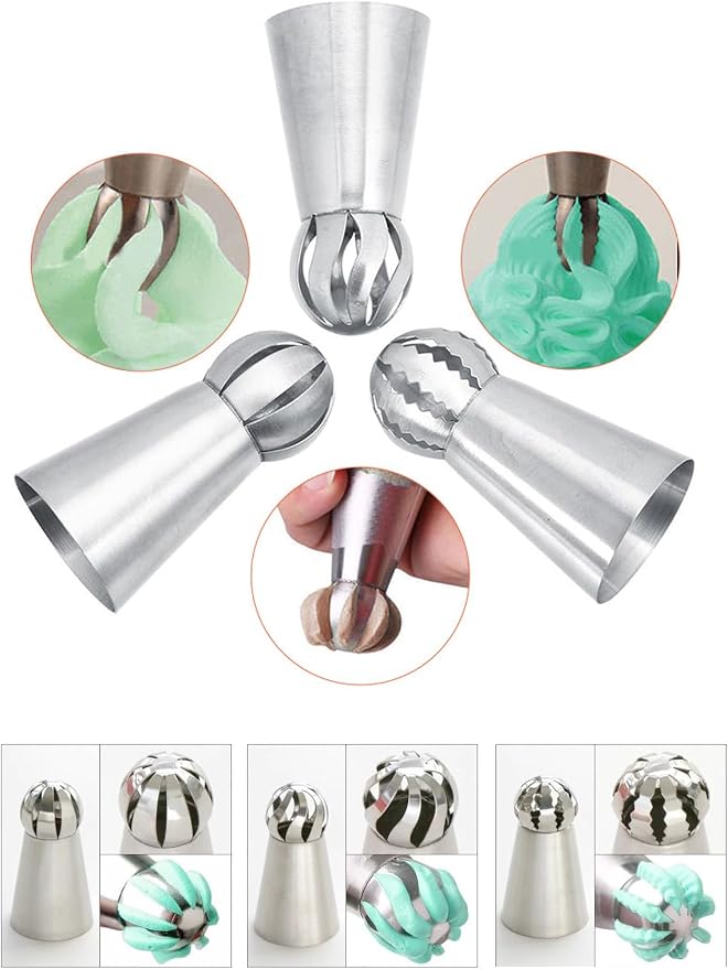 Russian Ball Piping Tips Set with Bags,3 Pcs Russian Piping Tips Flower for Cake Decorating & 20 Disposable Pastry Bags 12inch for Frosting