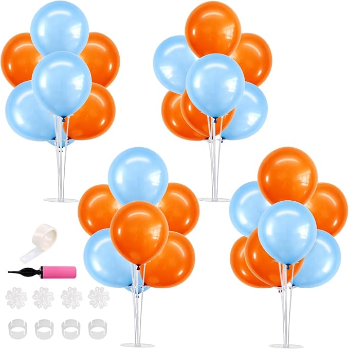 TONIFUL 4 Set Blue and Orange Balloon Centerpieces for Table,Balloon Stand Kit for Kid Party Decor,Birthday Decorations Anniversary Graduation Decorations Pet Birthday