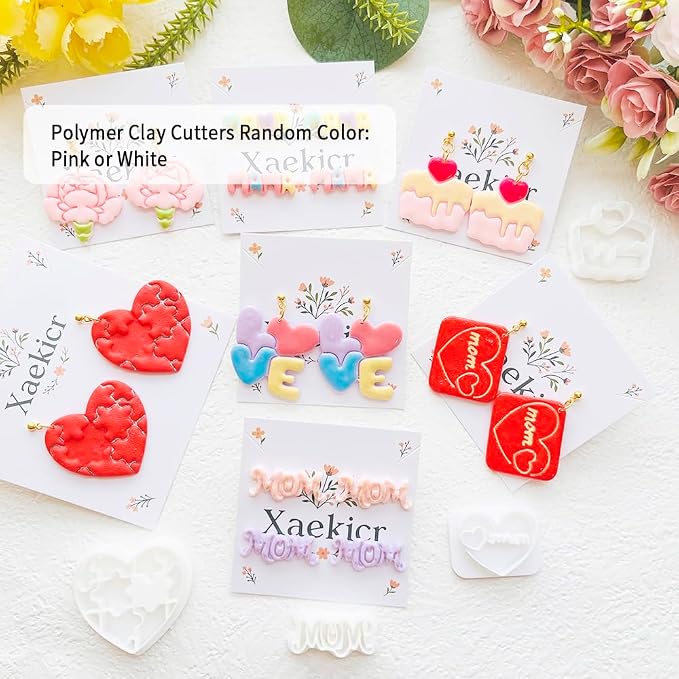 Mother’s Day Polymer Clay Cutters & Stamps Set - 10pcs Sharp & Durable Mom, MAMA, LOVE, Puzzle Heart, Envelope & Cake Shapes for DIY Earring Jewelry Making, Soft Clay Crafts & Holiday Supplies