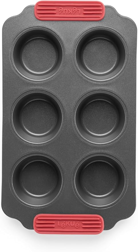 Lékué Non-Stick 6 Hole Muffin Mold - Carbon Steel Oven Baking Pan with Platinum Silicone Handles, Even Heat, Dual Non-Stick Ceramic Coating, Scratch Resistant, PFOA & PFA-Free, 12.2 x 7.1 x 1.5"