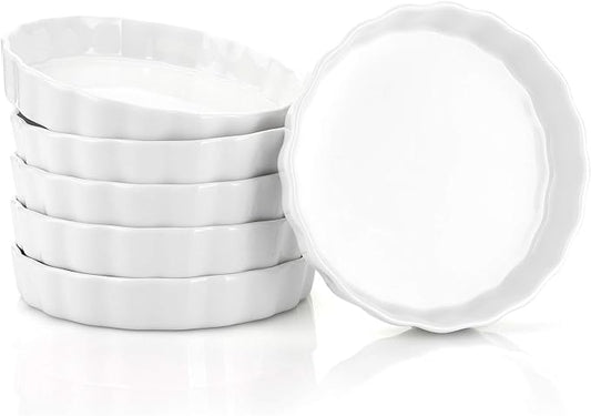 Foraineam 6 Pack 8 Ounce Porcelain Creme Brulee Ramekins Mini Fluted Quiche Dishes, 6 Inch Tart Pan Round Pie Plates for Baking, Dishwasher and Oven Safe