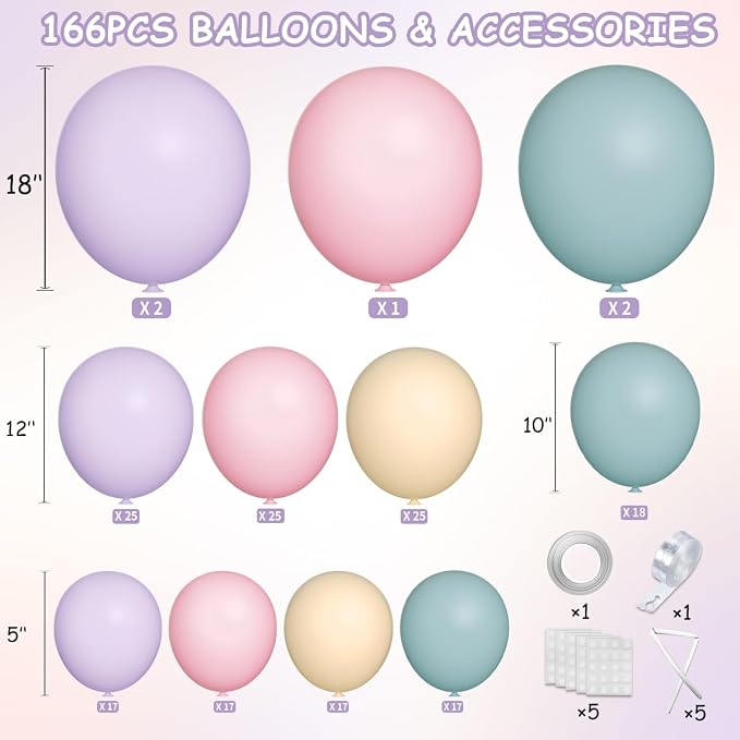 MEBAY Pink Purple Blue Pastel Balloon Arch Kit, 166Pcs Dusty Blue Macaron Purple Pastel Pink Nude Balloons Garland for Birthday Wedding Baby Shower Party Decorations