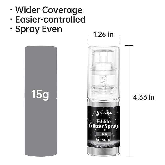 Silver Edible Glitter - 15g Edible Glitter Spray Food Grade Silver Drink Glitter for Cakes, Cookies, Cake Pops, Chocolate, Strawberries, Cocktails & Beverages