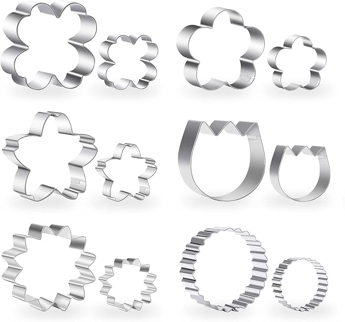 Flowers Cookie Cutter Set -12 Pieces - Plum Blossoms, Clover, Tulip, Cherry Blossoms, Sawtooth Circle, Sunflower Biscuit Fondant Cutters Stainless Steel