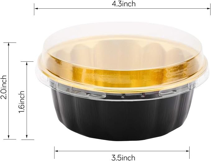 Beasea Disposable Ramekins with Lids, 8 oz 50 Pack Black Gold Aluminum Foil Cups, Disposable Creme Brulee Muffin Cupcake Baking Cup Mini Pudding Cups for Party Wedding Birthday
