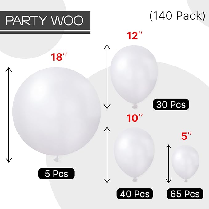 PartyWoo Pearl White Balloons 140pcs Different Sizes Pack of 18 12 10 5 Inch Metallic White Latex Balloon Arch Kit Garland for Wedding Graduation Baby Shower Birthday Party Decorations White-Z30