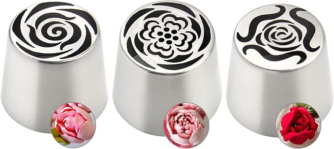 3pack Russian Piping Flower Nozzles Extra Large, Stainless Steel Rose Floral Piping Nozzles for Cake Decorating Icing, Cream Flower Bouquet DIY Cookies, Desserts Baking Tools (XXL, C）