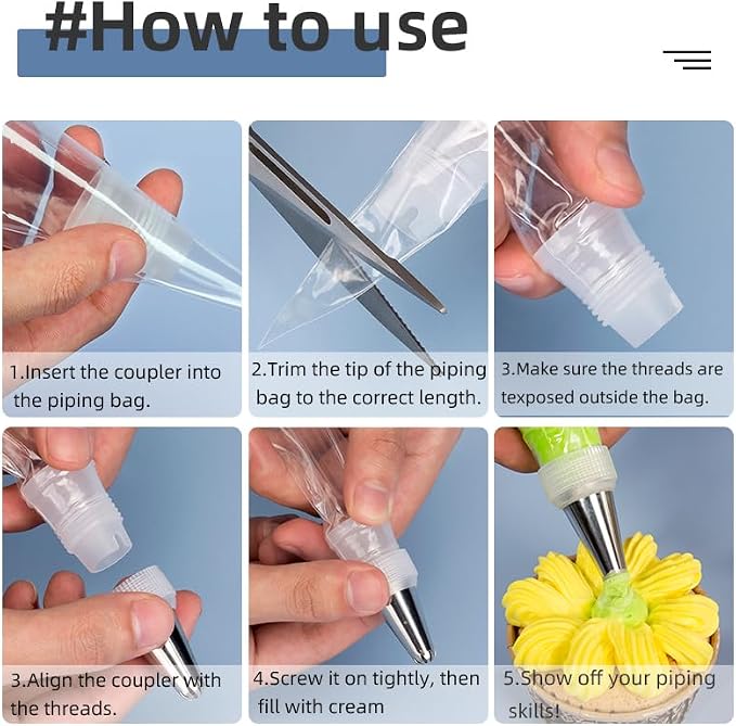 21Pcs Cake Decorating Tools: Reusable Pastry Bags & Tips Kit | 21pc Set Contain: 2 Reusable Icing Bags, 12 Tips, 3 Scrapers, 2 Couplers & 2 Bag Ties